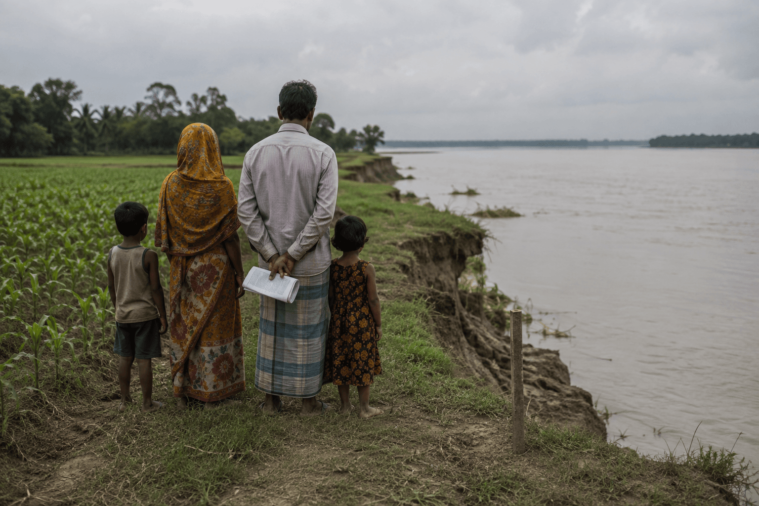 A farming family stands beside crops and an eroding riverbank in rural Bangladesh